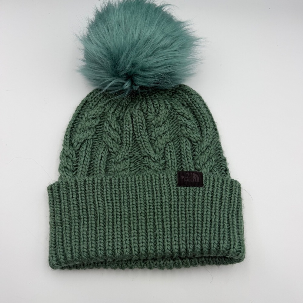 The North Face Womens Oh-Mega Fur Pom Beanie Sage Green Cable Knit NF0A7RI8